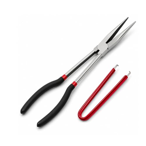 11-Inch Extra Long Needle Nose Pliers with Fuse Puller, Long Reach Heavy Duty Cr-V Steel, Non-Slip TPR Grip, Wire Cutter, for Electrician, Automotive Repair, Jewelry Making, Electronics, 3D Printing