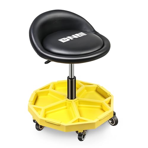 DNA Motoring 350 LBS Rolling Garage Stool, 20.5'' to 25.2'' Adjustable Height Foam-pad Seat, Round Tools Stool, Heavy Duty 3'' Wheels with 2 Brakes, TOOLS-00431 - color: Yellow