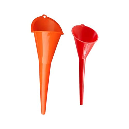 JOYCOURT 2PCS Long Neck Oil Funnels, Multi-Purpose Spill Saver Funnel | Plastic Funnel for Filling Automotive Oil Lubricants Engine Oils Water Diesel Fuel Kerosene & Other Liquids, Small Red+Orange