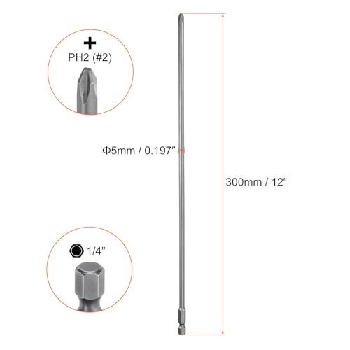 HARFINGTON 2pcs #2 Phillips Screwdriver Bit PH2 1/4" Hex Shank 12" (300mm) Long Magnetic S2 Steel Industrial Grade Screw Driver Bit Cross Head Electric Drill Bits 0.197" (5mm) Rod - size: PH2 x 300mm x 5mm