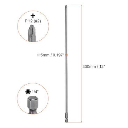 HARFINGTON 2pcs #2 Phillips Screwdriver Bit PH2 1/4" Hex Shank 12" (300mm) Long Magnetic S2 Steel Industrial Grade Screw Driver Bit Cross Head Electric Drill Bits 0.197" (5mm) Rod - size: PH2 x 300mm x 5mm