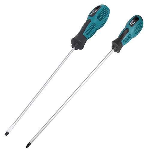 12" Long Screwdriver Set, Phillips and Slotted Magnetic Screwdriver -2Pcs | 12 inches PH1 Cross-head Magnetic Screwdrivers Flat Blade , with Rubber Handle