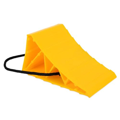 Camco Standard Wheel Chock w/Rope for Trailers - Heavy Duty RV Wheel Chock Constructed of Durable Plastic w/UV inhibitors - Features Rope Handle for Easy Removal - Use w/Tires Up to 26-in - 44472 - size: Standard w/ Rope