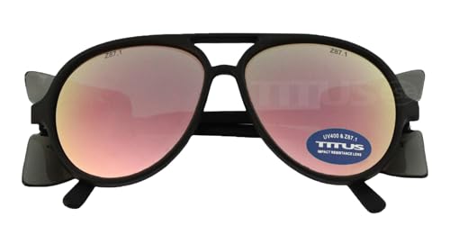 TITUS G35 Retro Aviator Z87 DOT ANSI CE Approved Safety Glasses | W/Protective Side Shields, UV400 Polycarbonate Lenses, Flexible Nylon Stems, Eye Protection, Sunglasses, Motorcycle, Shooting - color: Mountain Rose Rev Mirror Over Smoke