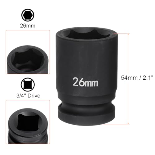 HARFINGTON 6-Point Impact Socket 3/4" Drive 26mm Metric 40Cr Alloy Steel Spindle Axle Nut Impact Socket - size: 26mm