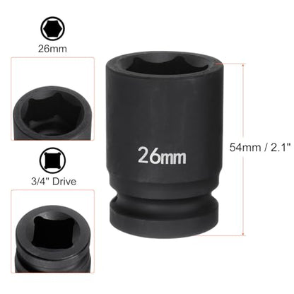 HARFINGTON 6-Point Impact Socket 3/4" Drive 26mm Metric 40Cr Alloy Steel Spindle Axle Nut Impact Socket - size: 26mm