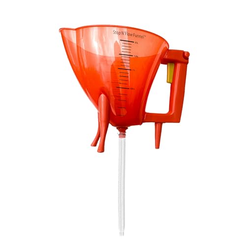 Stop N' Flow Funnel with Flexible Hose, Spill Free Liquid Control, Detachable Legs, and Measurements for Automotive Coolant, Antifreeze, and Petroleum, Heavy-Duty Plastic