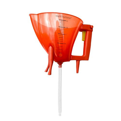 Stop N' Flow Funnel with Flexible Hose, Spill Free Liquid Control, Detachable Legs, and Measurements for Automotive Coolant, Antifreeze, and Petroleum, Heavy-Duty Plastic