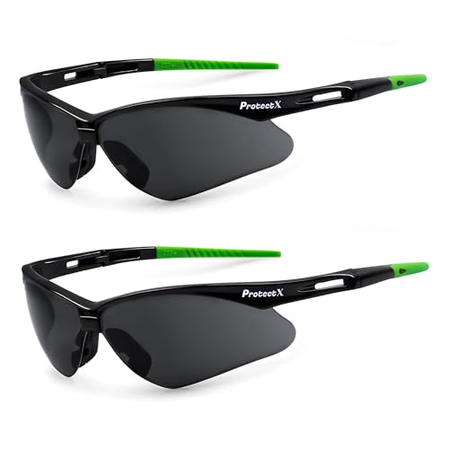 ProtectX Safety Glasses for Men & Women, Safety Sunglasses with Anti-Fog Scratch Resistant Lenses, Non-Slip Grips, ANSI Z87.1 - color: Evergreen Tinted Smoke 2 Pk