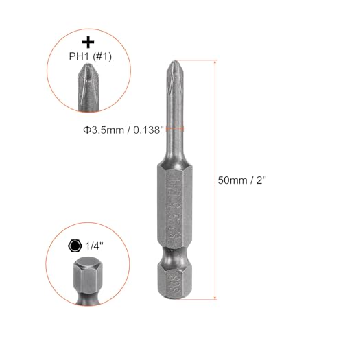 HARFINGTON 5pcs #1 Phillips Screwdriver Bit PH1 1/4" Hex Shank 2" (50mm) Long Magnetic S2 Steel Industrial Grade Screw Driver Bit Cross Head Electric Drill Bits 0.138" (3.5mm) Rod - size: PH1 x 50mm x 3.5mm