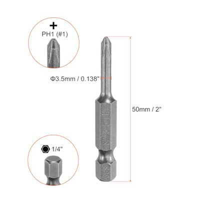 HARFINGTON 5pcs #1 Phillips Screwdriver Bit PH1 1/4" Hex Shank 2" (50mm) Long Magnetic S2 Steel Industrial Grade Screw Driver Bit Cross Head Electric Drill Bits 0.138" (3.5mm) Rod - size: PH1 x 50mm x 3.5mm