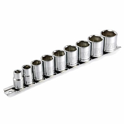 Powerbuilt 9-Piece 3/8-Inch Drive SAE Shallow Socket Set – 6-Point Chrome Vanadium Steel Sockets (3/8" to 7/8") with Chamfered Openings & Size Markings – Includes Storage Case – 641716 - size: SAE, style: 9pc