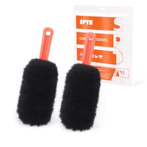 SPTA Car Wheel Brush, Wheel and Rim Cleaning Brush, Soft Natural Bristle Detailing Tool for Tires, Exhausts & Delicate Surfaces, Wheel Cleaner Brush to Safely Clean Brake Dust, Grime and Dirt, 2 Pack