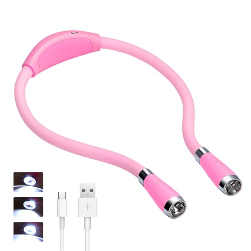 LED Neck Book Light, USB-C Rechargeable, Hands Free, 4 Super Bright LED Bulbs, 3 Adjustable Brightness, Best for Reading in Bed, Knitting, Walking, Jogging, Mending in Night (Pink) - color: Pink