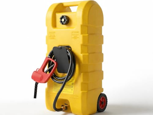 15 Gallon Gas Can, Fuel Tank Container with Fluid Transfer Manual Siphon Pump & 10FT Hose, Portable Diesel Gas Storage Caddy with Wheels for Car, ATV, Weeder, Boat - color: Yellow