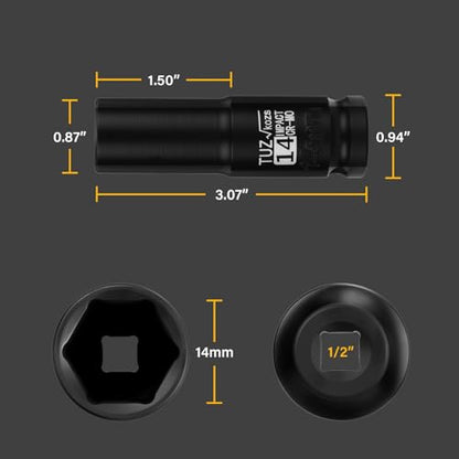 1/2 Inch Drive 14mm Deep Metric 6 Point CR-MO Impact Socket | Radius Corner Design,Square Chamfered Opening,Axle Nut Impact Grade Socket for Easy Removal - size: 1/2” Drive 14mm Deep, style: 1/2" Drive Deep Socket