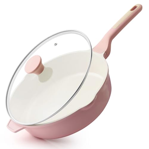 SENSARTE Nonstick Ceramic Skillet with Lid 11-inch, 4.5QT Non Toxic Deep Frying Pan, Saute Pan with Lid, Stay-cool Handle, Healthy Cooking Pot, Induction Compatible, Pink - color: Sakura Pink, size: 11-inch/4.5QT