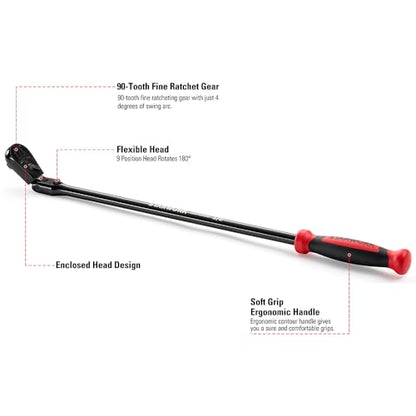 STARWORK TRUE MECHANIC™ 1/2" Drive 90 Tooth Dust-Proof Black Chrome Locking Flex Ratchet, 27-3/8" Length - size: 27-3/8" Length