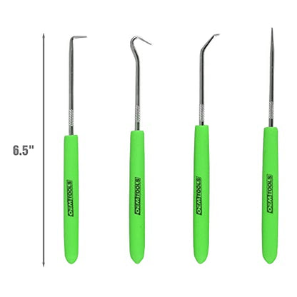OEMTOOLS 26535 4 Piece Hook and Pick Set, Green Handled Pick Tool Set, Tool Hooks for Precision Projects, O Ring Pick Set, 4 Hook Tool Kit - size: 4-pc Mini Hook Set