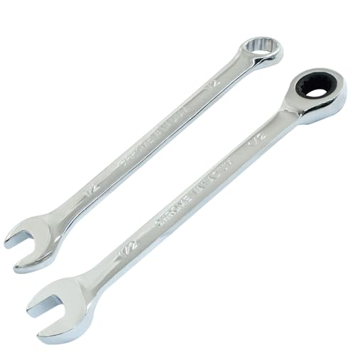 1/2 Inch Ratcheting Wrench 2 Pcs 72-Tooth 12-Point Chrome Plated | Forged 45# Carbon Steel Durable, 5-Degree Arc For Tight Spaces, 12-Point Protects Fasteners, Polished Chrome Anti-Rust - size: 0.50 Inch
