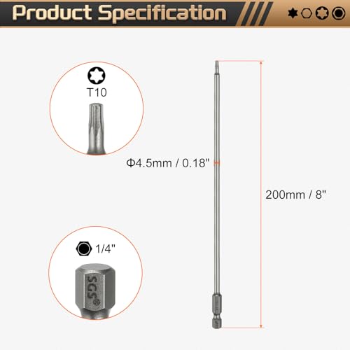 HARFINGTON 5pcs T10 Torx Head Screwdriver Bit 1/4" Hex Shank 8" (200mm) Long Magnetic No Hole Tip Tamper Proof 6 Point Star Screw Driver Drill Bits S2 Steel Industrial Power Screwdrivers - size: T10 x 8"(200mm)