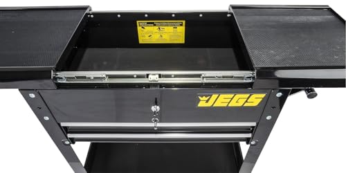JEGS Heavy-Duty Tool Box Cart | 220 LBS Capacity | Uses Four 4" Caster Wheels | Includes 2 Keyes and 6 Drawer Liners | Black with JEGS Logo | 2 Locking Drawers | Sliding Top