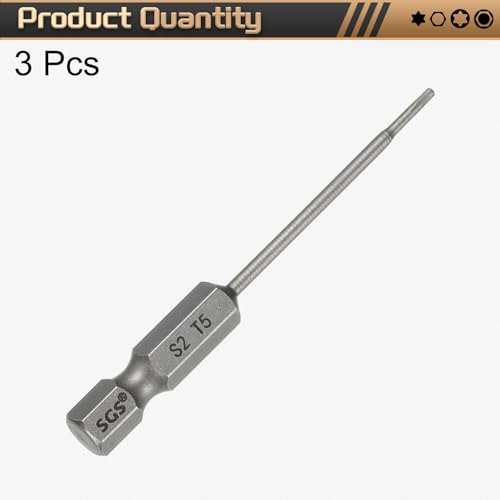 HARFINGTON 3pcs T5 Torx Head Screwdriver Bit 1/4" Hex Shank 2.6" (65mm) Long Magnetic No Hole Tip Tamper Proof 6 Point Star Screw Driver Drill Bits S2 Steel Industrial Power Screwdrivers - size: T5 x 2.6"(65mm)