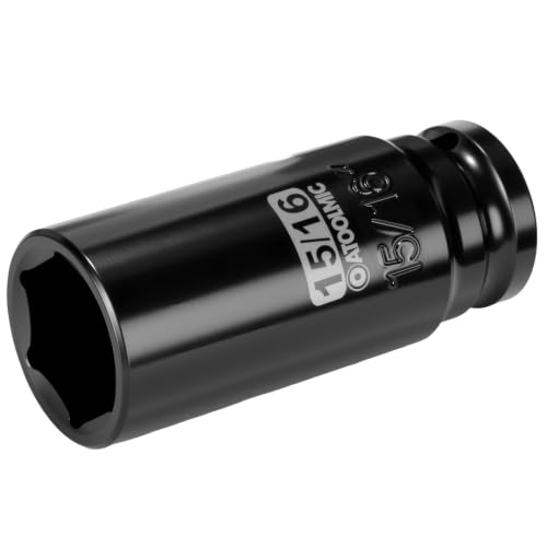 1/2" Drive x 15/16 Inch Deep 6PT CR-MO Impact Socket for Removing Axle nut | SAE Socket,6-Point Radius Corner Design,Two Size Markings,Square Chamfered Opening,For Removal of Axle Nut - size: 15/16 Inch, style: 1/2" Drive Deep Socket