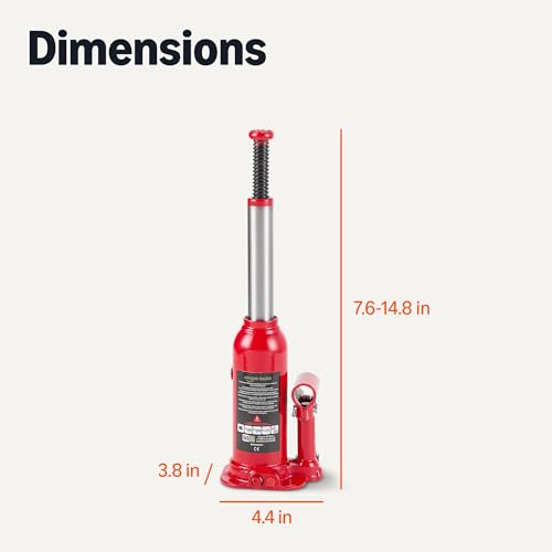 Amazon Basics Hydraulic Welded Bottle and Car Jack, 4.4 Short Ton/4 Metric Ton/4 Tonne/4000 kg Capacity, 7.4–14.3 Inch (18.8–36.3 cm) Lifting Range, Slow Release, Suitable for Cars, Red - size: 4.4 Short Ton/ 4 Metric Ton/ 4 Tonne / 4000 kg
