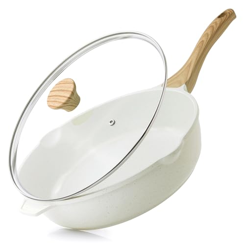 SENSARTE Nonstick Ceramic Saute Pan 12-Inch, 5QT Non-toxic Deep Frying Pan Skillet with Lid, Healthy No Teflon Cookware, Stay Cool Handle, Induction Compatible, PFAS Free - color: Ceramic White, size: 12-inch/5QT