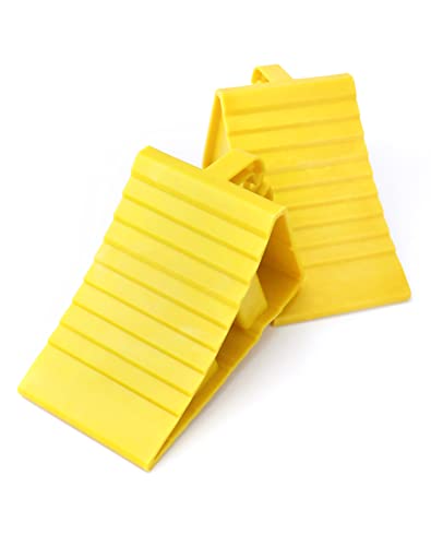 QWORK RV Wheel Chocks, 4 Pack Heavy Duty Car RV Tire Chocks Camper Chocks with Handle and Rope, Car Truck Stopper for Travel Trailers, Camper, Cars, Truck, Yellow