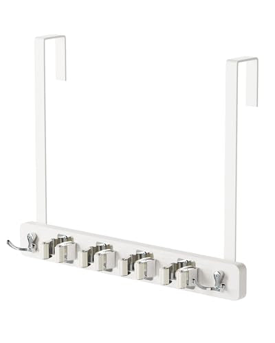 Mop and Broom Holder Wall Mount, No Drill Over the Door Broom and Mop Holder with 4 Slots and 4 Hooks, Wood Tool Hanger for Laundry, Cabinet, Kitchen, Garage - color: White