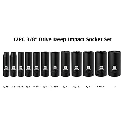 MIXPOWER 12 Pieces 3/8-Inch Drive Deep Impact Socket Set, 5/16 to 1 inch, CR-V, SAE, 6 Point, Deep, 12 Pieces 3/8" Dr. Socket - size: 5/16" - 1" (Deep)
