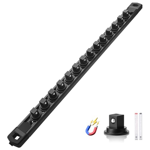 Reniteco Magnetic Socket Organizer, 3/8” Aluminum Alloy Rail, 14 Clips | Heavy-Duty Socket Rails, Removable 360° Swivel ABS Clips, Magnetic Base, Tool Box Drawer or Wall Mount - color: Black, size: 3/8-inch Drive