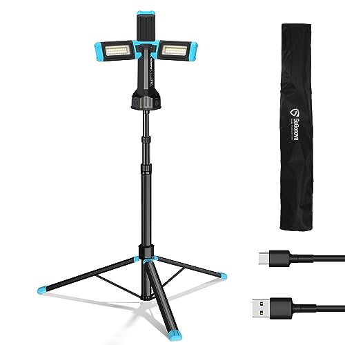 5000 Lumen Work Light with Stand, GoGonova 67'' Rechargeable Cordless Work Light with Triple LED Lamps, 1200/2500/5000 Lumen, 4500/7000K Dimmable Led Work Light Kit with Detachable Tripod - color: Blue