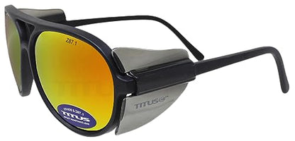 TITUS G35 Retro Aviator Z87 DOT ANSI CE Approved Safety Glasses | W/Protective Side Shields, UV400 Polycarbonate Lenses, Flexible Nylon Stems, Eye Protection, Sunglasses, Motorcycle, Shooting - color: Fire Rev Mirror Over Smoke
