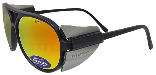 TITUS G35 Retro Aviator Z87 DOT ANSI CE Approved Safety Glasses | W/Protective Side Shields, UV400 Polycarbonate Lenses, Flexible Nylon Stems, Eye Protection, Sunglasses, Motorcycle, Shooting - color: Fire Rev Mirror Over Smoke