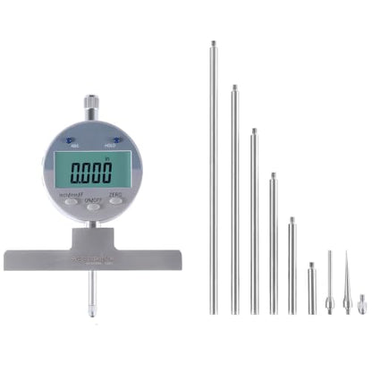 Accusize 0-22 in Digital Depth Gauge with Small-Hole Points, P103-0188 | 6 Connectable Rods, +/-0.001 in Accuracy, 0.0005 in Resolution, 4 in Base, 3/8 in Stem - size: 0-22" Digital