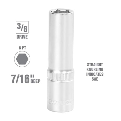 OEMTOOLS 22343 7/16" SAE Deep Socket, 3/8" Drive Sockets, Individual Sockets, Thin Wall Design for Tight Spaces, Easy Identification, Hex Automotive Tool