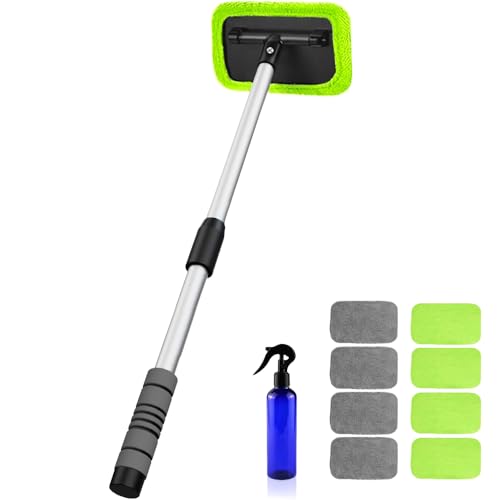 XINDELL Interior Windshield Cleaner Tool – Car Window Cleaning Tool 27inch Extendable Long Handle for Easy Cleaning, 9pcs Reusable Microfiber Pads, Streak-Free Interior & Exterior Auto Glass Cleaner - size: 27in