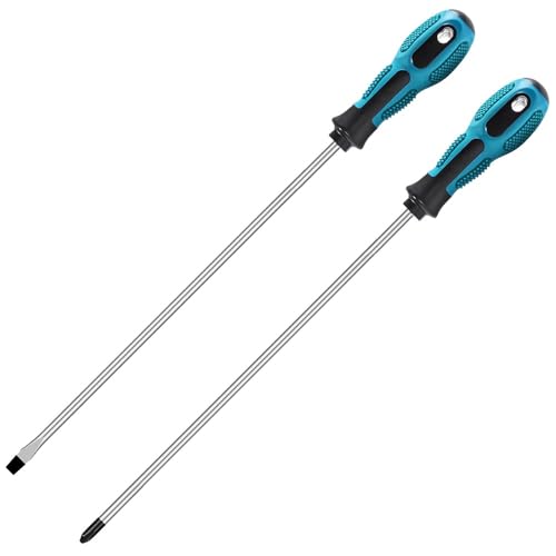 Extra Long Phillips & Flat Screwdriver Set 300mm, Fixinus 12-Inch Long Flat Blade & Cross-Head Design, 6mm Tip Magnetic Screwdriver with Rubber Handle - color: Black & Green
