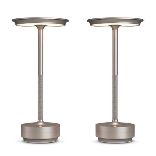 2 Pack Rechargeable Cordless Table Lamps, 5000mAh Portable LED Table Light, 3 Color Stepless Dimming Battery Powered Metal Table Lamp for Outdoor/Home/Restaurant.(Champagne Gold) - color: Champagne Gold, size: 2 Pack
