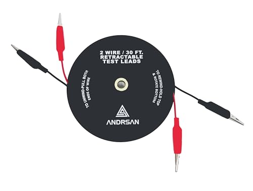 2 Wire 30’ Retractable Test Leads with 2” Alligator Clips, 18 Gauge Electrical Copper Wire, Impact-Resistant Reel, Black