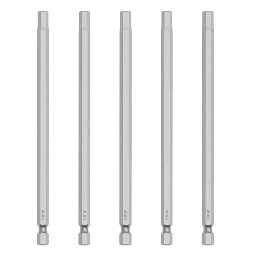 5 Pcs H6 S2 Steel Hex Bit, 6mm, 150mm Length, 1/4" Shank | Magnetic Hex Allen Wrench Screwdriver Bit, 1/4" Hex Shank, Impact Driver Bit for Furniture, Auto Repair & DIY - size: H6, style: 150mm