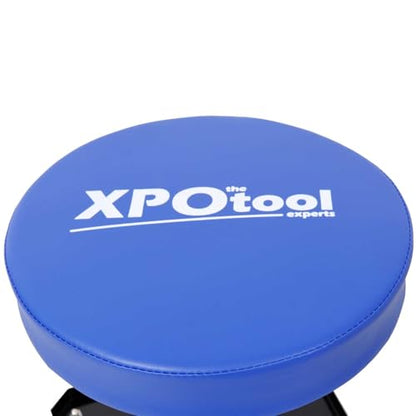 250 lb Rolling Workshop Stool with Tool Tray – Adjustable 16.5″‑21″ Gas‑Lift Mechanic Chair, 360° Swivel Casters & Plush Padded Seat for Auto Repair & Car Detailing (Black + Blue)