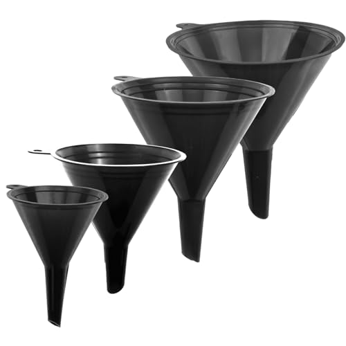 LIQVEE™ Funnels for Kitchen Use – Black Set in 4 Sizes (122, 101, 76 & 50mm) | Durable, Non-Toxic Food Grade Plastic – Ideal for Filling Bottles, Jars & Containers | Perfect for Kitchen, Garage & Labs