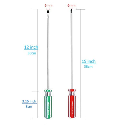 12inch PH2 Long Phillips Screwdriver and Slotted Screwdriver Long with Magnetic Tip, SKZIRI Cross Head Flat Head Long Screwdriver Set (12inch No.2) - size: 12inch No.2
