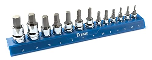 Titan 85531 13-Piece Metric Hex Bit Socket Set, Magnetic Socket Organizer with Laser-Etched Size Markings - style: New SAE Hex