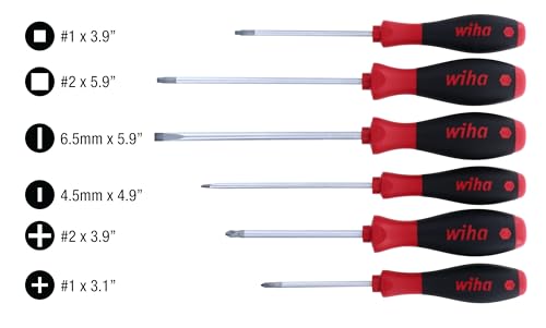 Wiha 30291 SoftFinish Grip ScrewDriver Set, Slotted 4.5-6.5mm, Phillips Number 1-2 and Square Number 1-2, 6-Piece Set - style: 6 Pieces