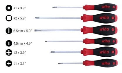 Wiha 30291 SoftFinish Grip ScrewDriver Set, Slotted 4.5-6.5mm, Phillips Number 1-2 and Square Number 1-2, 6-Piece Set - style: 6 Pieces